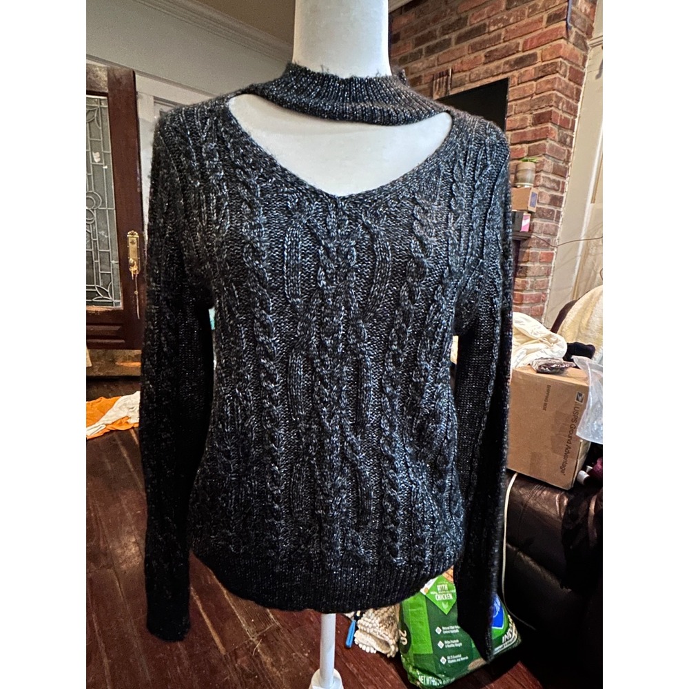 Olivia Sky Cable Knit Choker Sweater Womens Small Black‎ Silver Metallic V-Neck